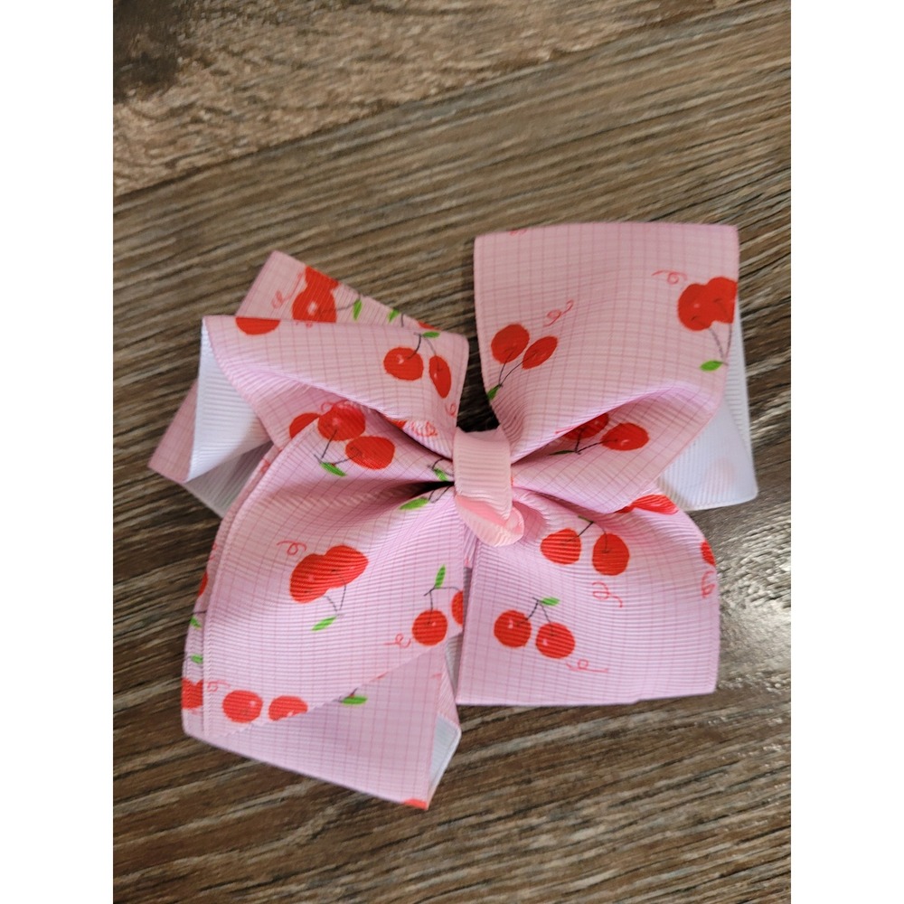 Pink Cherry Print Ribbon Hair Bow Alligator Clip Boutique Style Accessory 5" #3